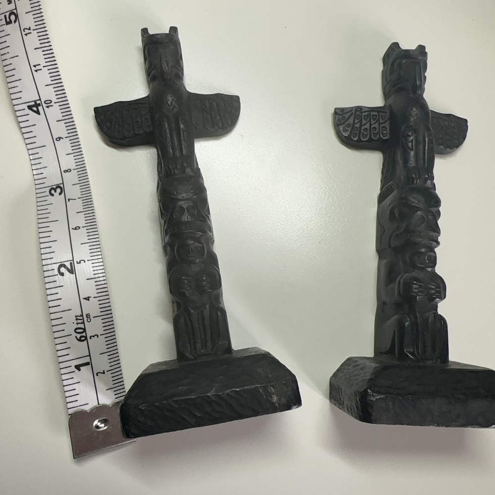 Carved Black Wooden Totem Pole Figurines - Pair